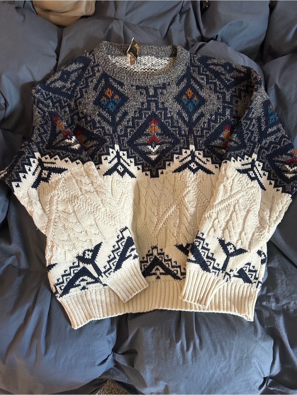 London Fog Nordic Cable Crew Neck Sweater - Cream & Navy with Red & Teal Accents